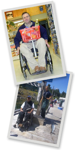 Two photos of a guy using a mobility mount with a shopping basket and a fishing rod.